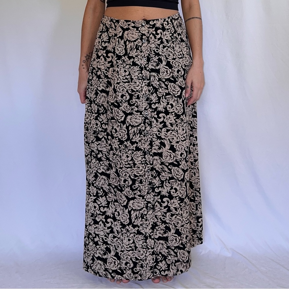 Vintage Brooks Brothers Black and Cream Floral Button Up Maxi Skirt